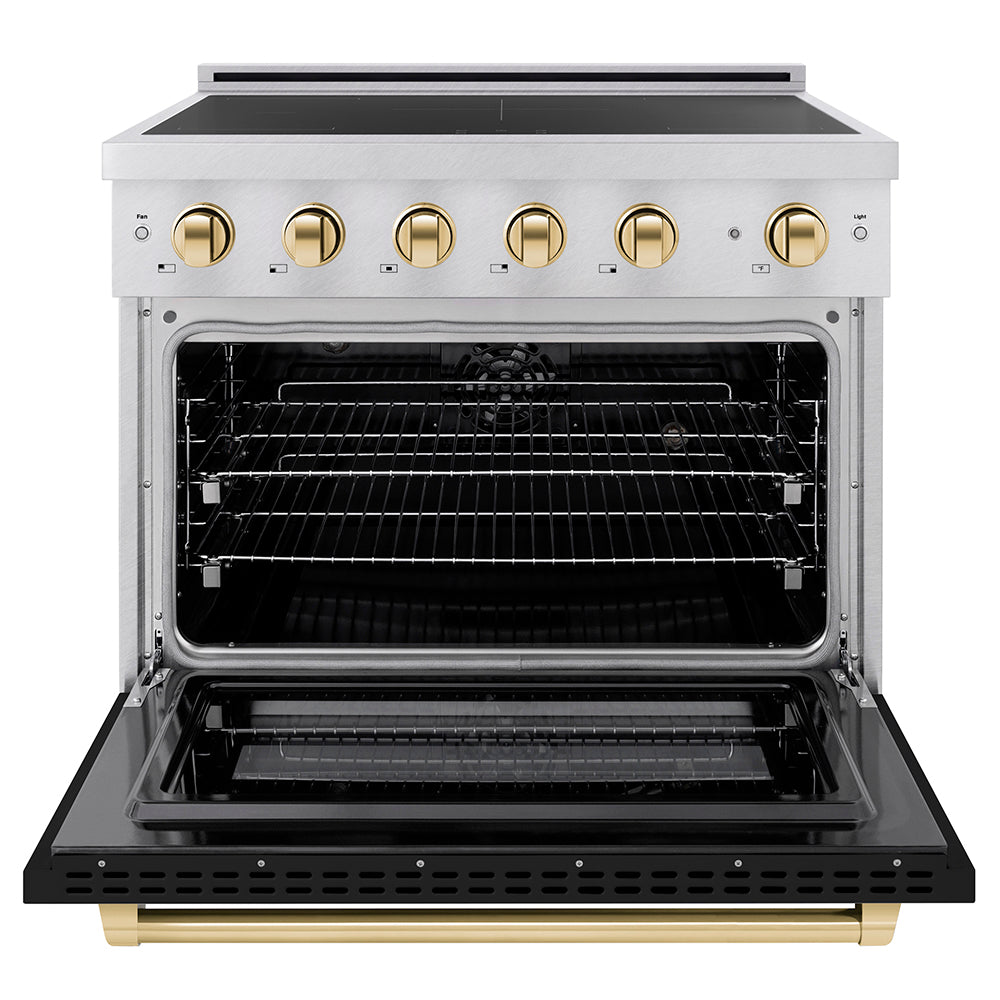 Autograph Edition 36 In. 5.2 Cu. Ft. Paramount Induction Range With 5 Element Cooktop And Electric Convection Oven In Satin Stainless Steel With Black Matte Door And Polished Gold Accents SINRSZBLM36G