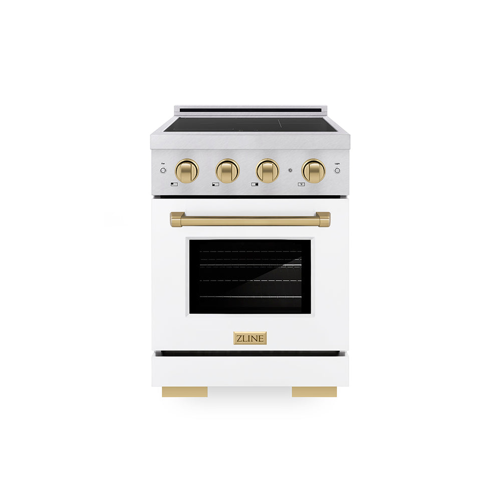 Autograph Edition 24 In. 3.2 Cu. Ft. Paramount Induction Range With 3 Element Cooktop And Electric Convection Oven In Satin Stainless Steel With White Matte Door And Champagne Bronze Accents 