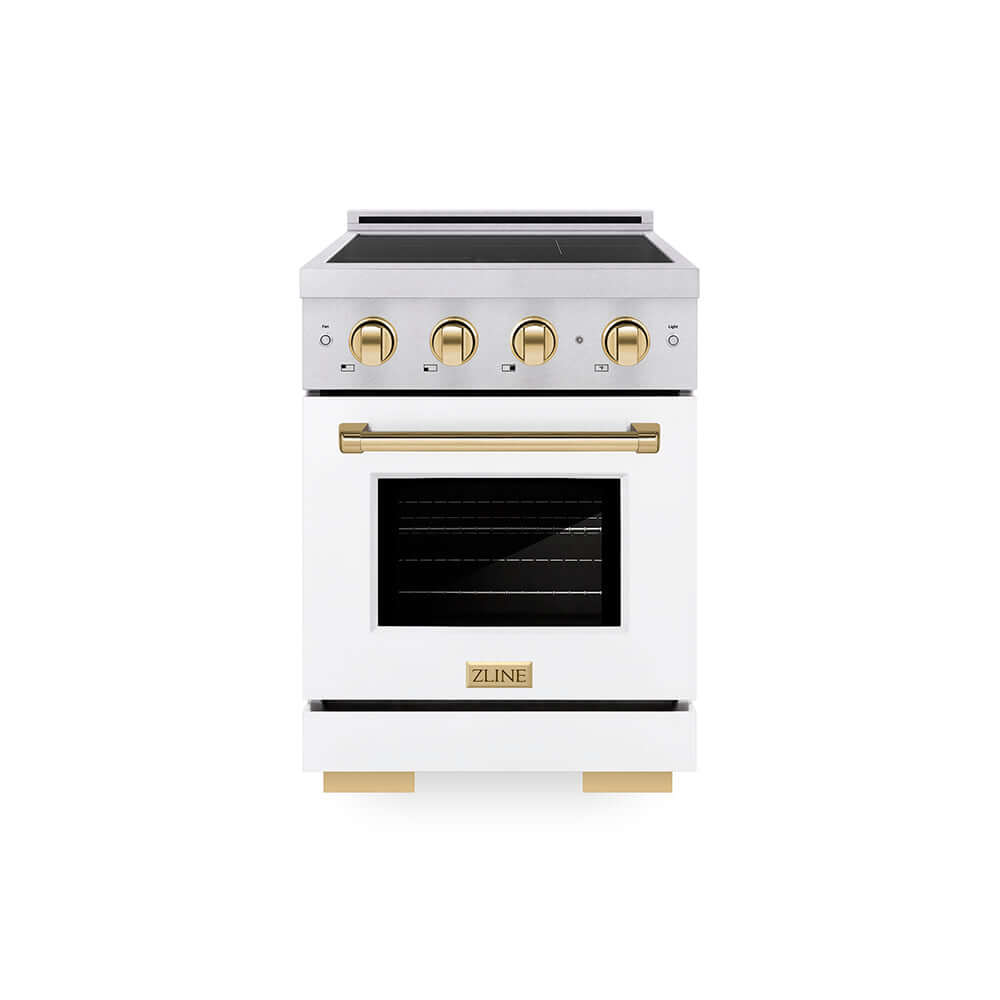 Autograph Edition 24 In. 3.2 Cu. Ft. Paramount Induction Range With 3 Element Cooktop And Electric Convection Oven In Satin Stainless Steel With White Matte Door And Polished Gold Accents SIN