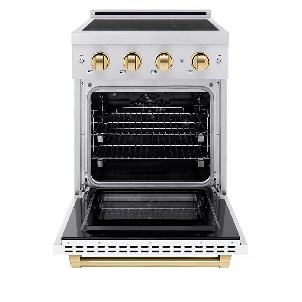 Autograph Edition 24 In. 3.2 Cu. Ft. Paramount Induction Range With 3 Element Cooktop And Electric Convection Oven In Satin Stainless Steel With White Matte Door And Polished Gold Accents SINRSZWM24G
