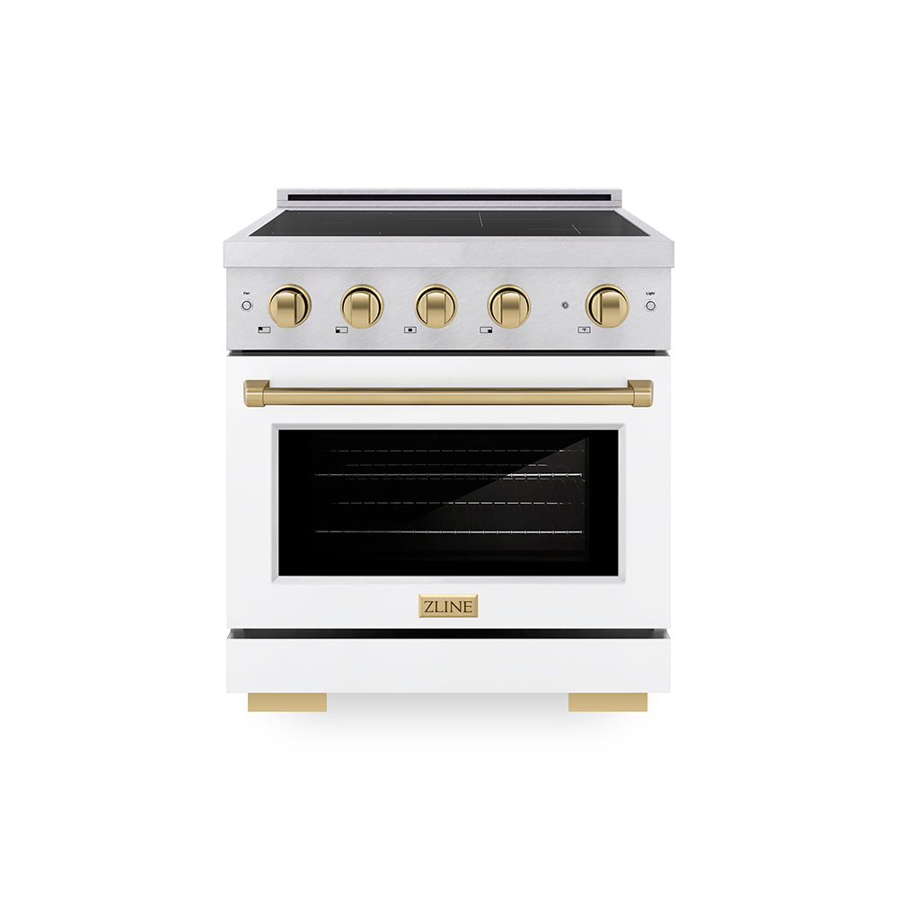 Autograph Edition 30 In. 4.2 Cu. Ft. Paramount Induction Range With 4 Element Cooktop And Electric Convection Oven In Satin Stainless Steel With White Matte Door And Champagne Bronze Accents 