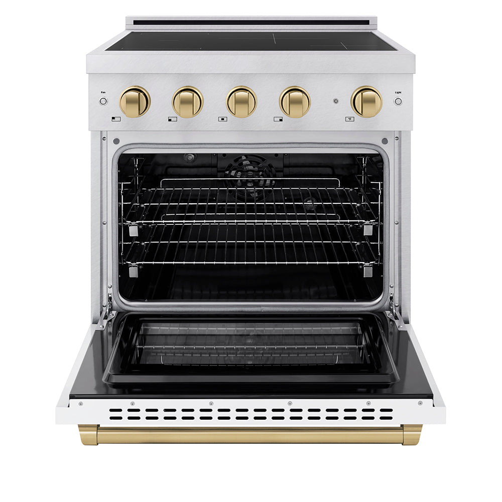 Autograph Edition 30 In. 4.2 Cu. Ft. Paramount Induction Range With 4 Element Cooktop And Electric Convection Oven In Satin Stainless Steel With White Matte Door And Champagne Bronze Accents SINRSZWM30CB