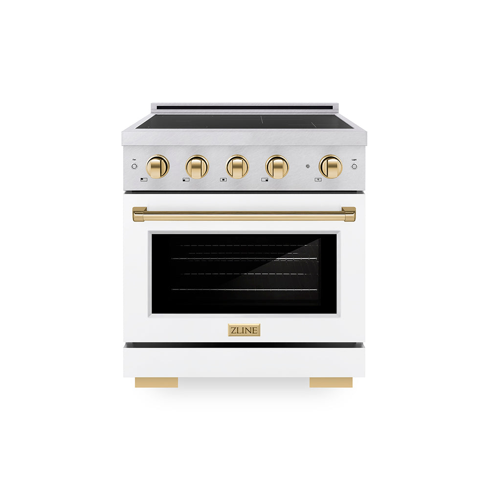 Autograph Edition 30 In. 4.2 Cu. Ft. Paramount Induction Range With 4 Element Cooktop And Electric Convection Oven In Satin Stainless Steel With White Matte Door And Polished Gold Accents SIN