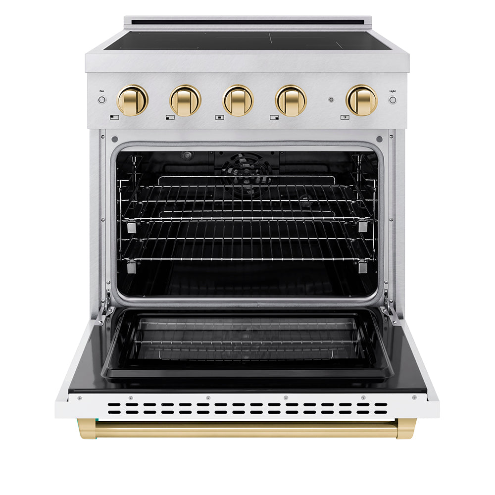 Autograph Edition 30 In. 4.2 Cu. Ft. Paramount Induction Range With 4 Element Cooktop And Electric Convection Oven In Satin Stainless Steel With White Matte Door And Polished Gold Accents SINRSZWM30G