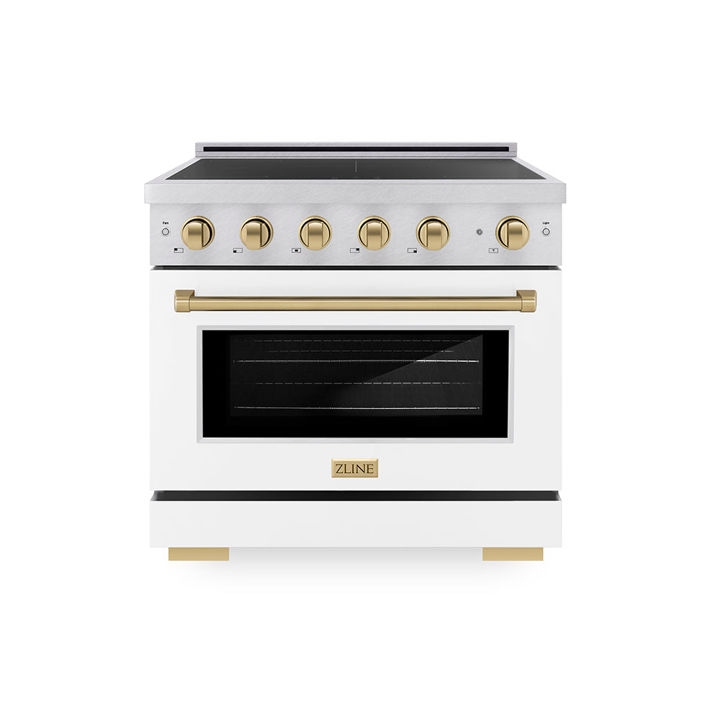 Autograph Edition 36 In. 5.2 Cu. Ft. Paramount Induction Range With 5 Element Cooktop And Electric Convection Oven In Satin Stainless Steel With White Matte Door And Champagne Bronze Accents 