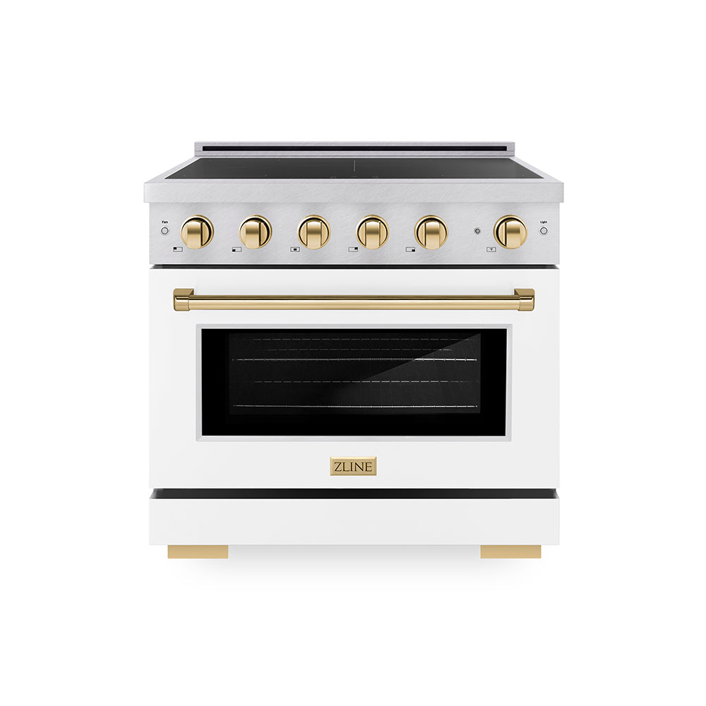 Autograph Edition 36 In. 5.2 Cu. Ft. Paramount Induction Range With 5 Element Cooktop And Electric Convection Oven In Satin Stainless Steel With White Matte Door And Polished Gold Accents SIN