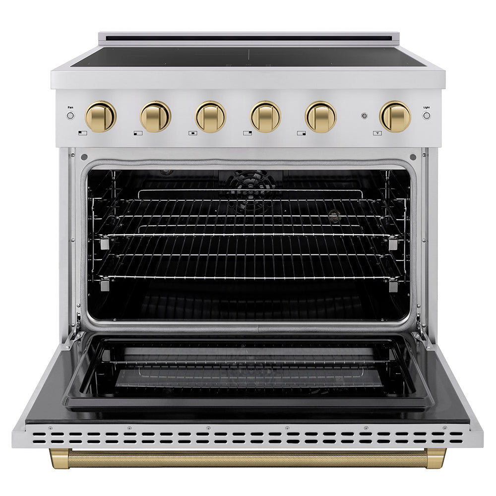 Autograph Edition 36 In. 5.2 Cu. Ft. Paramount Induction Range With 5 Element Cooktop And Electric Convection Oven In Stainless Steel With Champagne Bronze Helix Handle And Knob Accents SINRZ36KCB