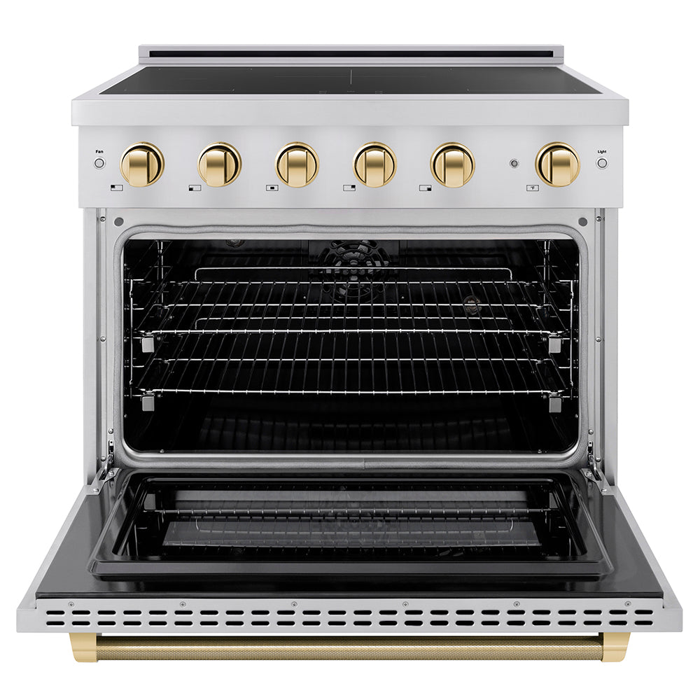Autograph Edition 36 In. 5.2 Cu. Ft. Paramount Induction Range With 5 Element Cooktop And Electric Convection Oven In Stainless Steel With Polished Gold Helix Handle And Knob Accents SINRZ36KG