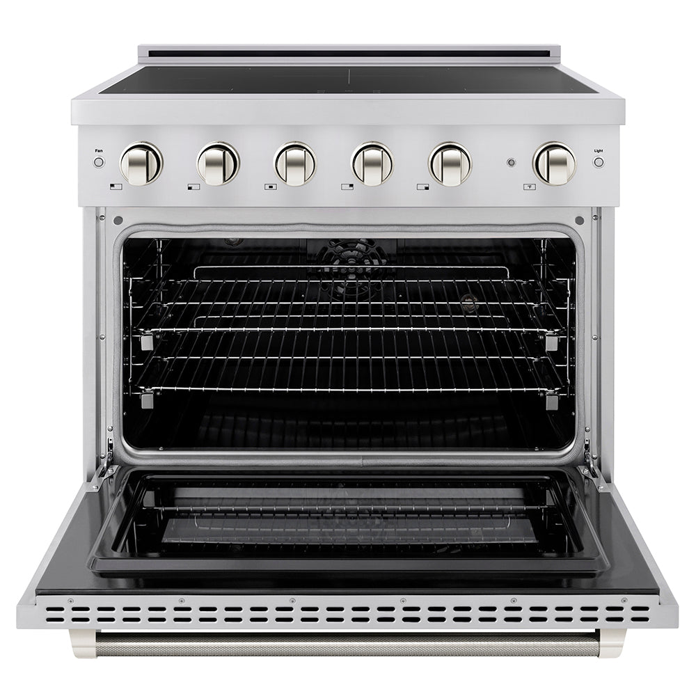 Autograph Edition 36 In. 5.2 Cu. Ft. Paramount Induction Range With 5 Element Cooktop And Electric Convection Oven In Stainless Steel With Polished Nickel Helix Handle And Knob Accents SINRZ36KPN