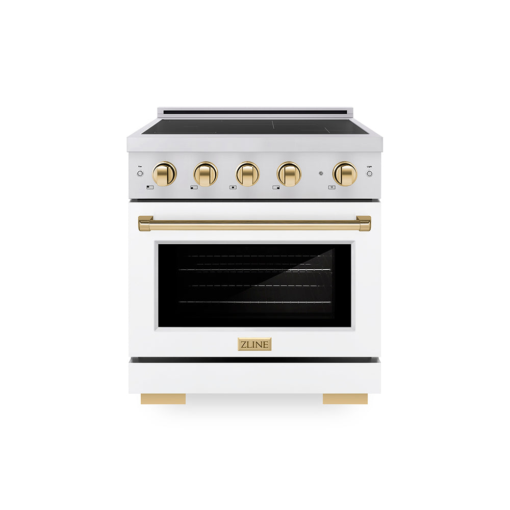 Autograph Edition 30 In. 4.2 Cu. Ft. Paramount Induction Range With 4 Element Cooktop And Electric Convection Oven In Stainless Steel With White Matte Door And Polished Gold Accents SINRZWM30