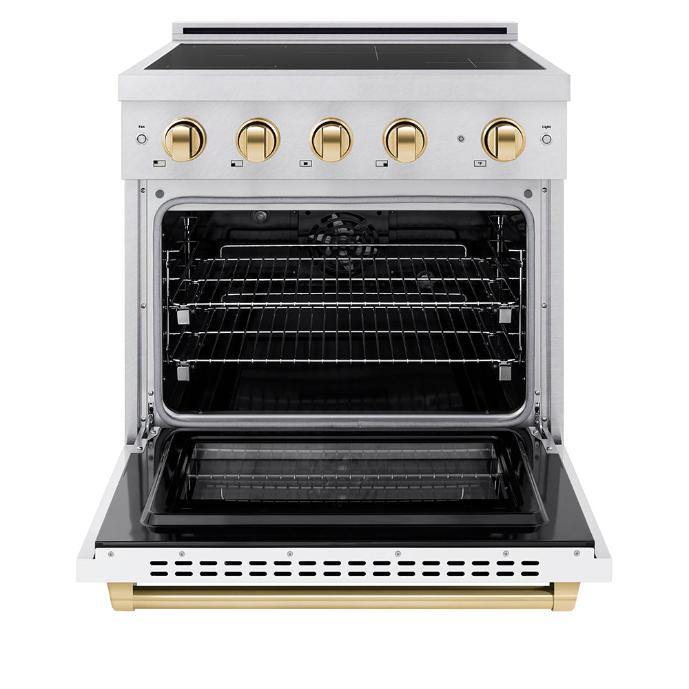 Autograph Edition 30 In. 4.2 Cu. Ft. Paramount Induction Range With 4 Element Cooktop And Electric Convection Oven In Stainless Steel With White Matte Door And Polished Gold Accents SINRZWM30G
