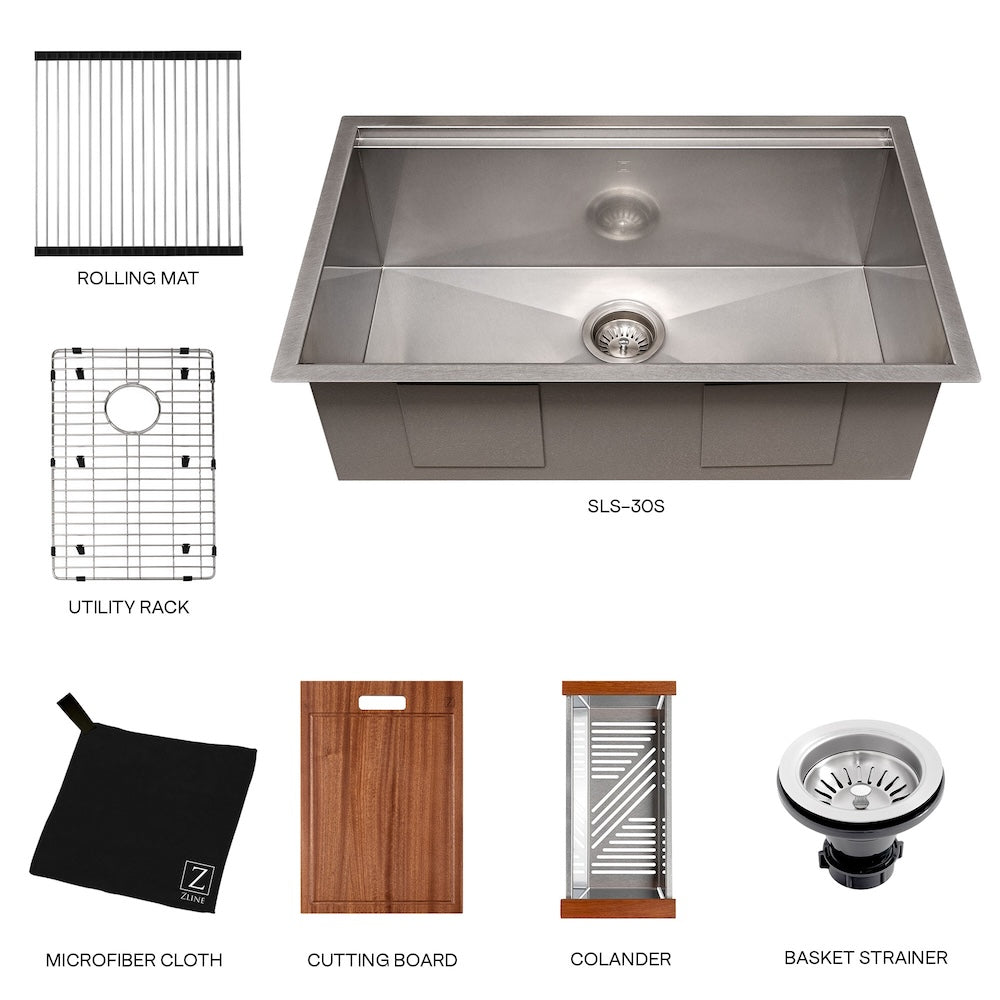 33 In. Garmisch Undermount Single Bowl Satin Stainless Steel Kitchen Sink With Bottom Grid And Accessories SLS33S