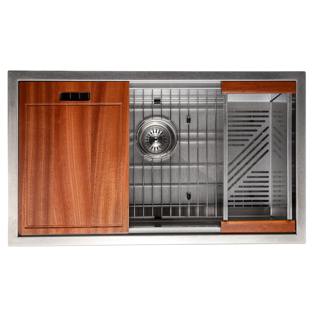 33 In. Garmisch Undermount Single Bowl Satin Stainless Steel Kitchen Sink With Bottom Grid And Accessories SLS33S