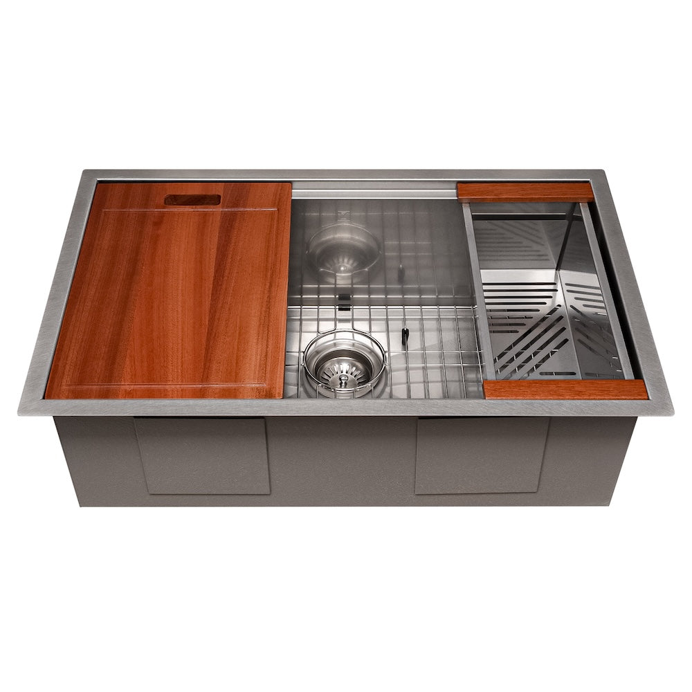 33 In. Garmisch Undermount Single Bowl Satin Stainless Steel Kitchen Sink With Bottom Grid And Accessories SLS33S