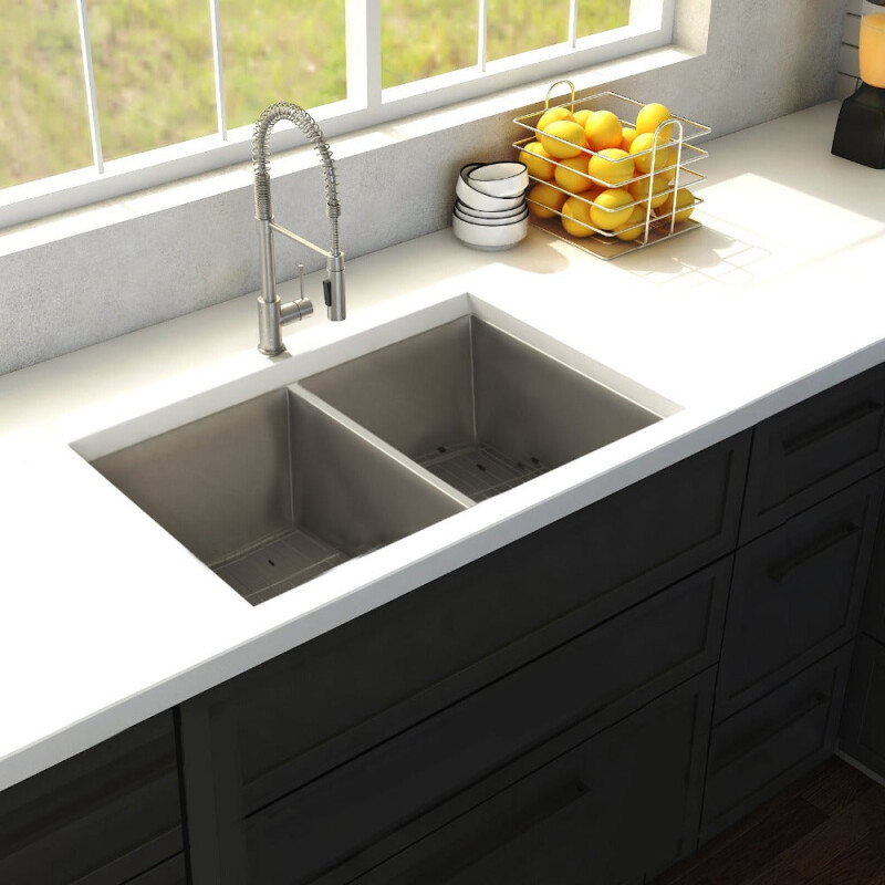 33 In. Anton Undermount Double Bowl Stainless Steel Kitchen Sink With Bottom Grid SR50D33