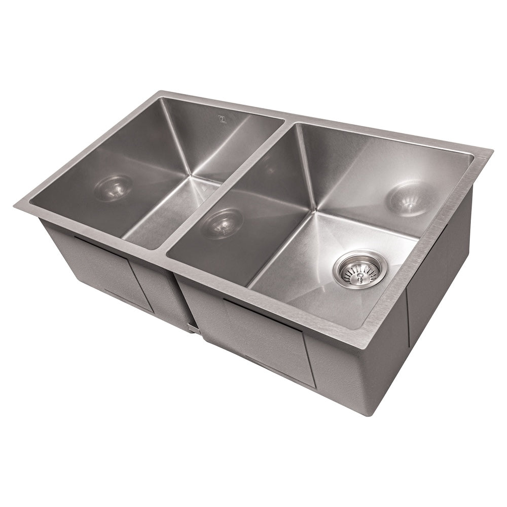33 In. Anton Undermount Double Bowl Satin Stainless Steel Kitchen Sink With Bottom Grid SR50D33S