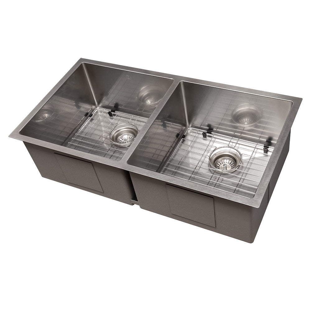 36 In. Anton Undermount Double Bowl Satin Stainless Steel Kitchen Sink With Bottom Grid SR50D36S