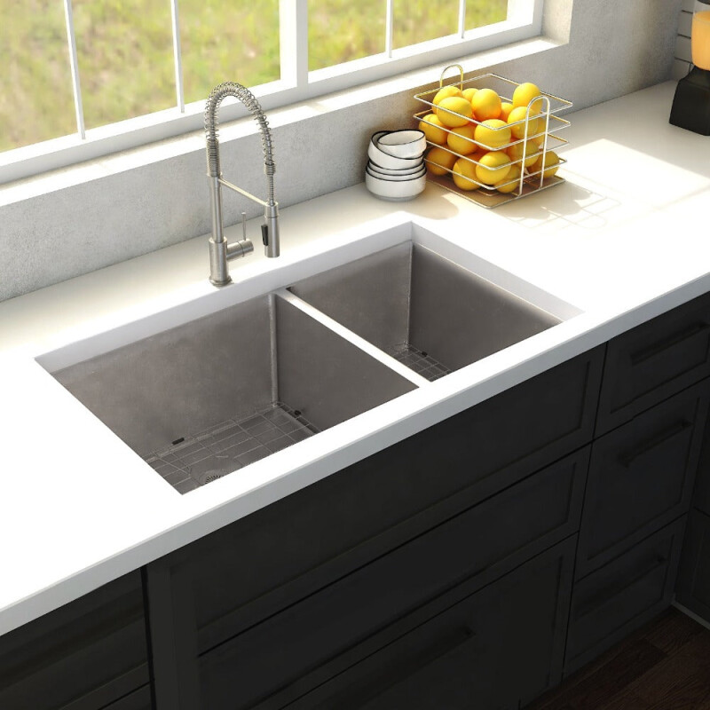 36 In. Chamonix Undermount Double Bowl Stainless Steel Kitchen Sink With Bottom Grid SR60D36
