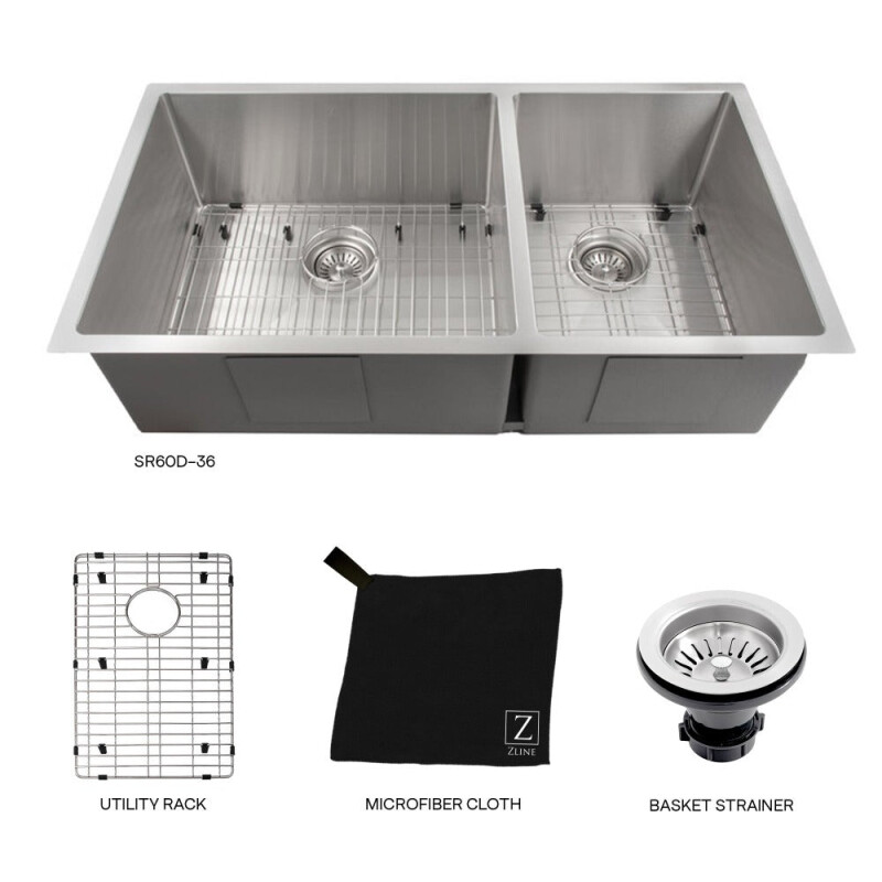 36 In. Chamonix Undermount Double Bowl Stainless Steel Kitchen Sink With Bottom Grid SR60D36