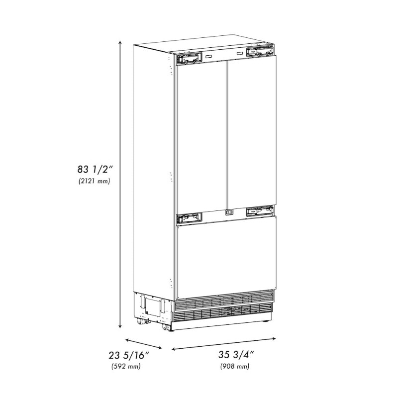 36 In. 19.6 Cu. Ft. Panel Ready French Door Built-in Bottom Freezer Refrigerator With Water Dispenser And Ice Maker With Stainless Steel Interior SRBIV36