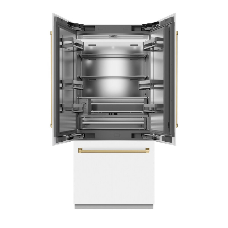 Autograph Edition 36 In. 19.6 Cu. Ft. French Door Built-in Bottom Freezer Refrigerator With Water Dispenser And Ice Maker In White Matte With Stainless Steel Interior And Champagne Bronze Acc SRBIVZWM36CB