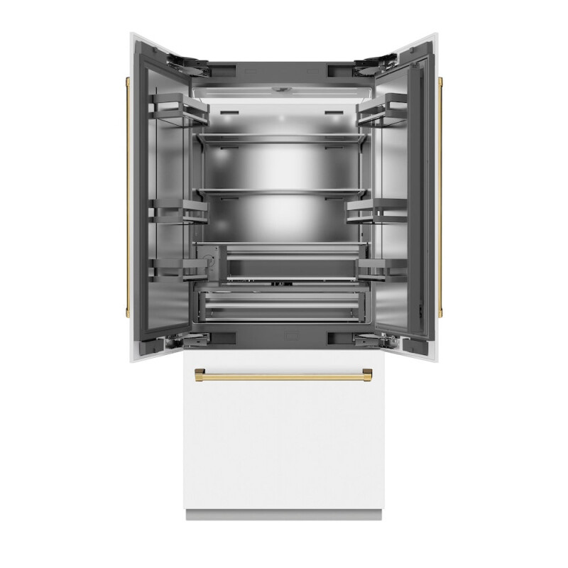 Autograph Edition 36 In. 19.6 Cu. Ft. French Door Built-in Bottom Freezer Refrigerator With Water Dispenser And Ice Maker In White Matte With Stainless Steel Interior And Polished Gold Accent SRBIVZWM36G