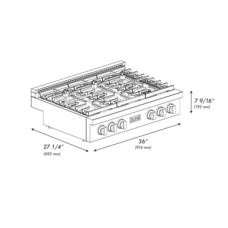 ZLINE 36 in. Paramount Gas Rangetop with 6 Brass Burners and Porcelain Cooktop in Black Stainless Steel (SRTB-BR-36) SRTBBR36