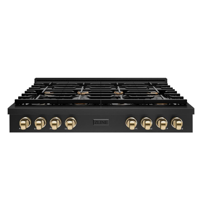 Autograph Edition 48 In. Paramount Gas Rangetop With 8 Burners And Porcelain Cooktop In Black Stainless Steel With Polished Gold Accents SRTBZ48G