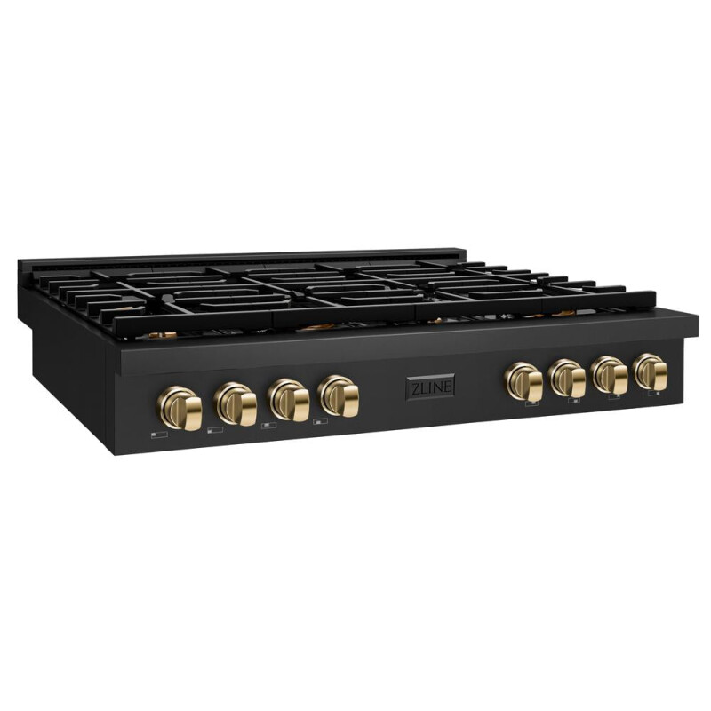 Autograph Edition 48 In. Paramount Gas Rangetop With 8 Burners And Porcelain Cooktop In Black Stainless Steel With Polished Gold Accents SRTBZ48G