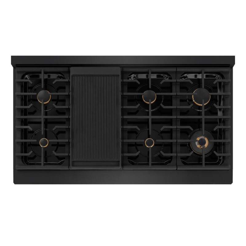 Autograph Edition 48 In. Paramount Gas Rangetop With 8 Burners And Porcelain Cooktop In Black Stainless Steel With Polished Gold Accents SRTBZ48G
