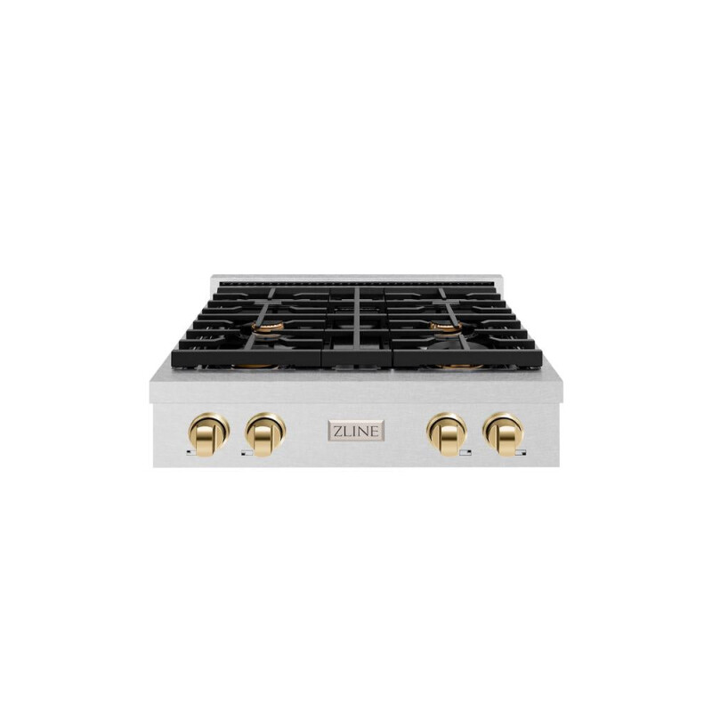 Autograph Edition 30 In. Paramount Gas Rangetop With 4 Burners And Porcelain Cooktop In Satin Stainless Steel With Polished Gold Accents SRTSZ30G