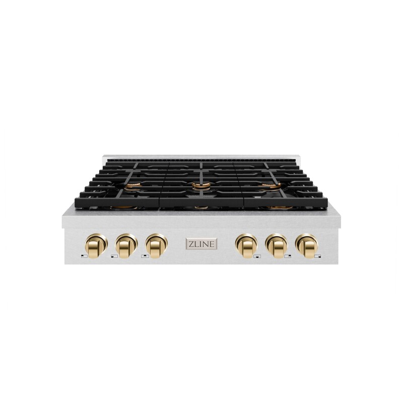 ZLINE ZLINE Autograph Edition 36 in. Paramount Gas Rangetop with 6 Burners and Porcelain Cooktop in DuraSnow® Stainless Steel with Polished Gold Accents (SRTSZ-36-G) Stainless Steel SRTSZ36G Picture 1