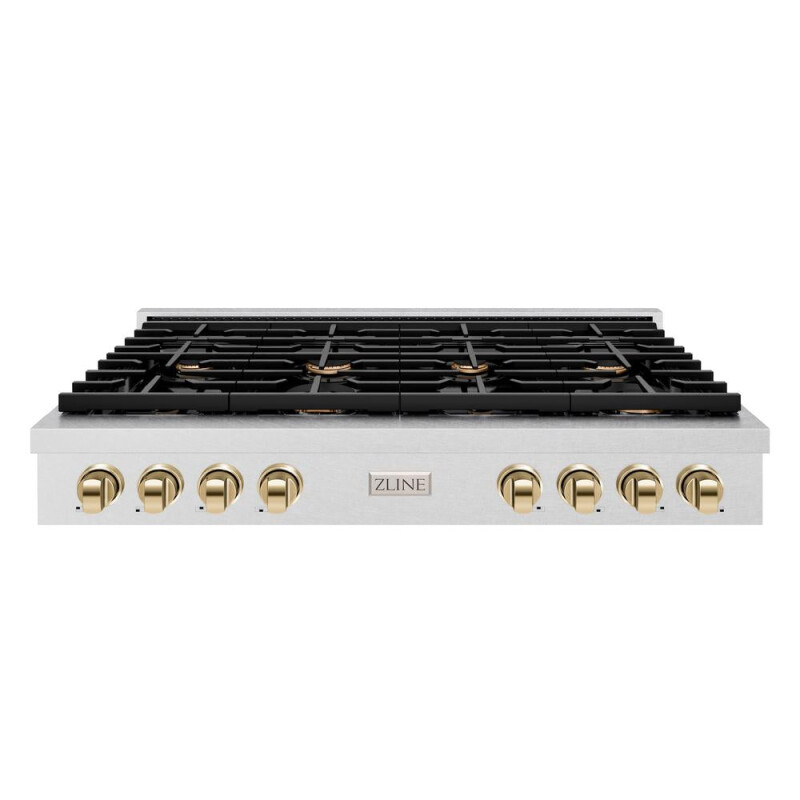 Autograph Edition 48 In. Paramount Gas Rangetop With 8 Burners And Porcelain Cooktop In Satin Stainless Steel With Polished Gold Accents SRTSZ48G