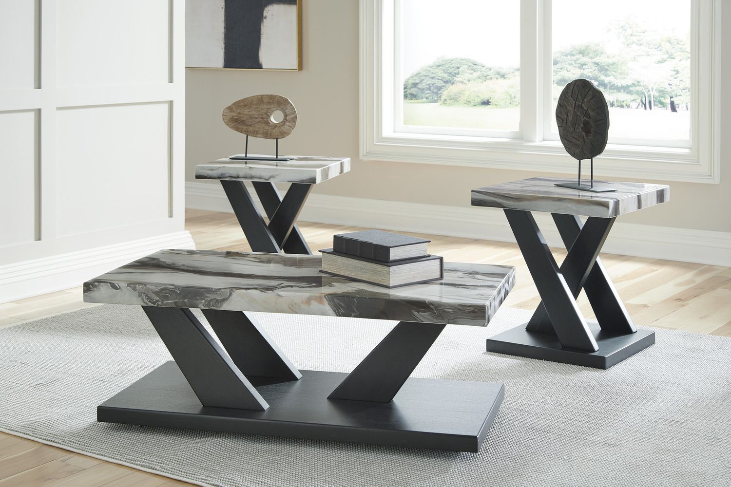 Cendill Table Set of 3 In Dark Brown/White/Black T40313