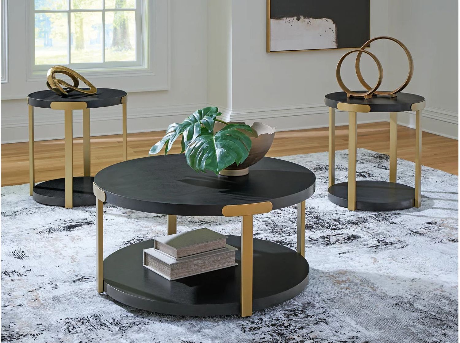 Shylore Table Set of 3 In Brass and Black T41013
