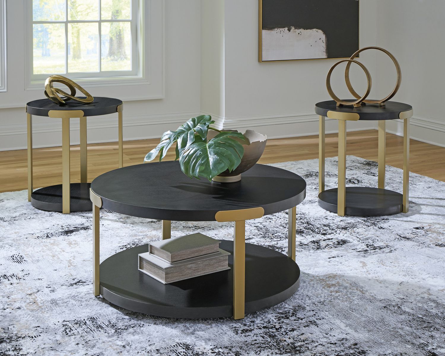 Shylore Table Set of 3 In Brass and Black T41013