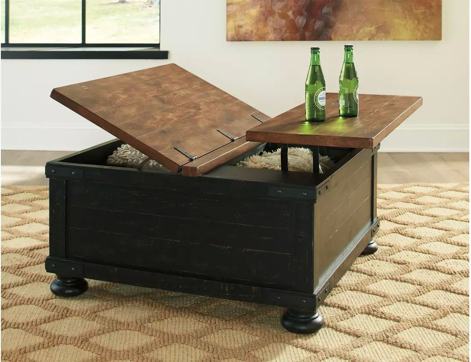 Valebeck Black and Brown Square Lift Top Cocktail Table T46800