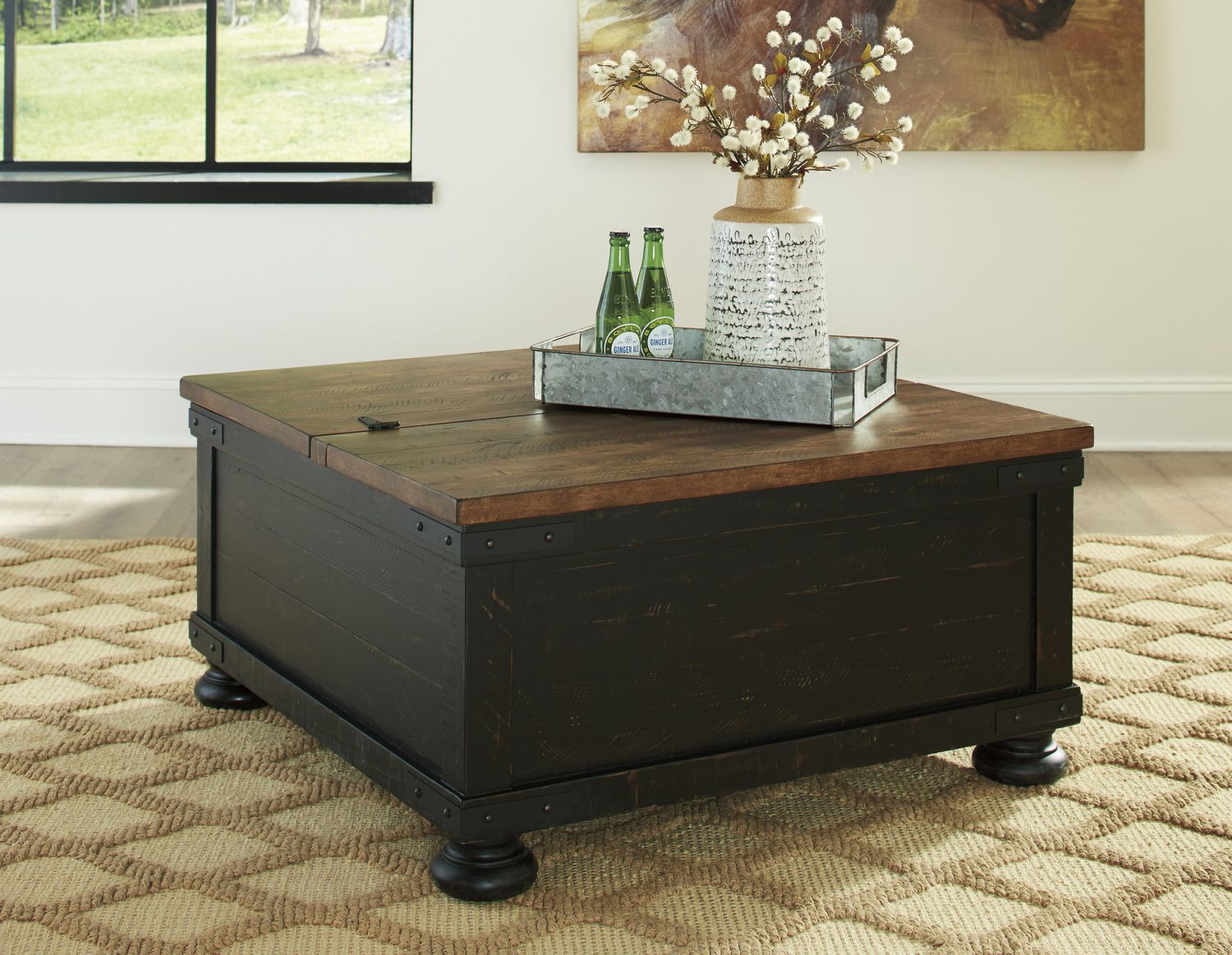 Valebeck Black and Brown Square Lift Top Cocktail Table T46800