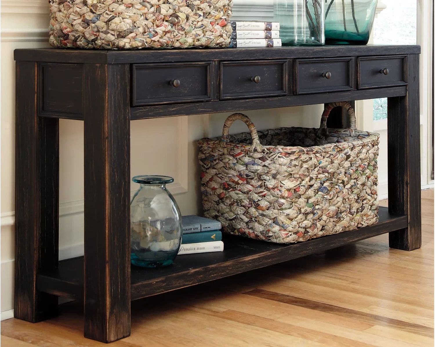 Gavelston Dry Vintage Weathered Black Sofa Table T7324