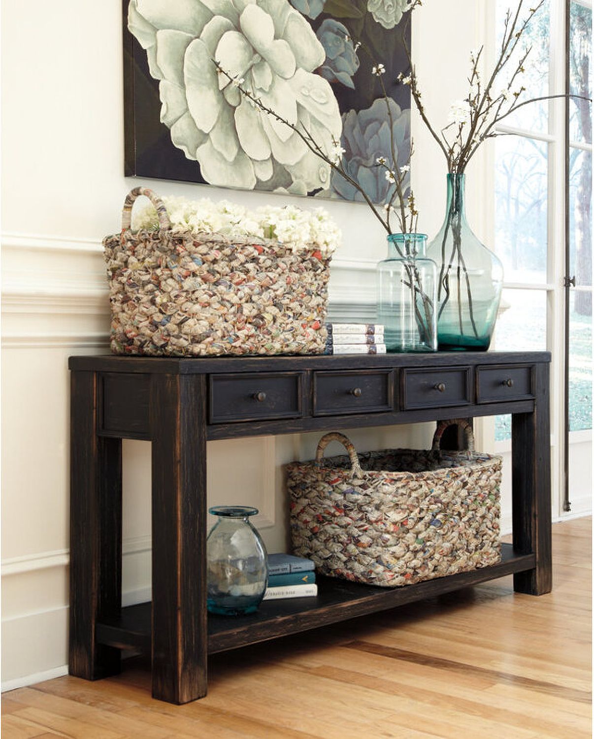 Gavelston Dry Vintage Weathered Black Sofa Table T7324