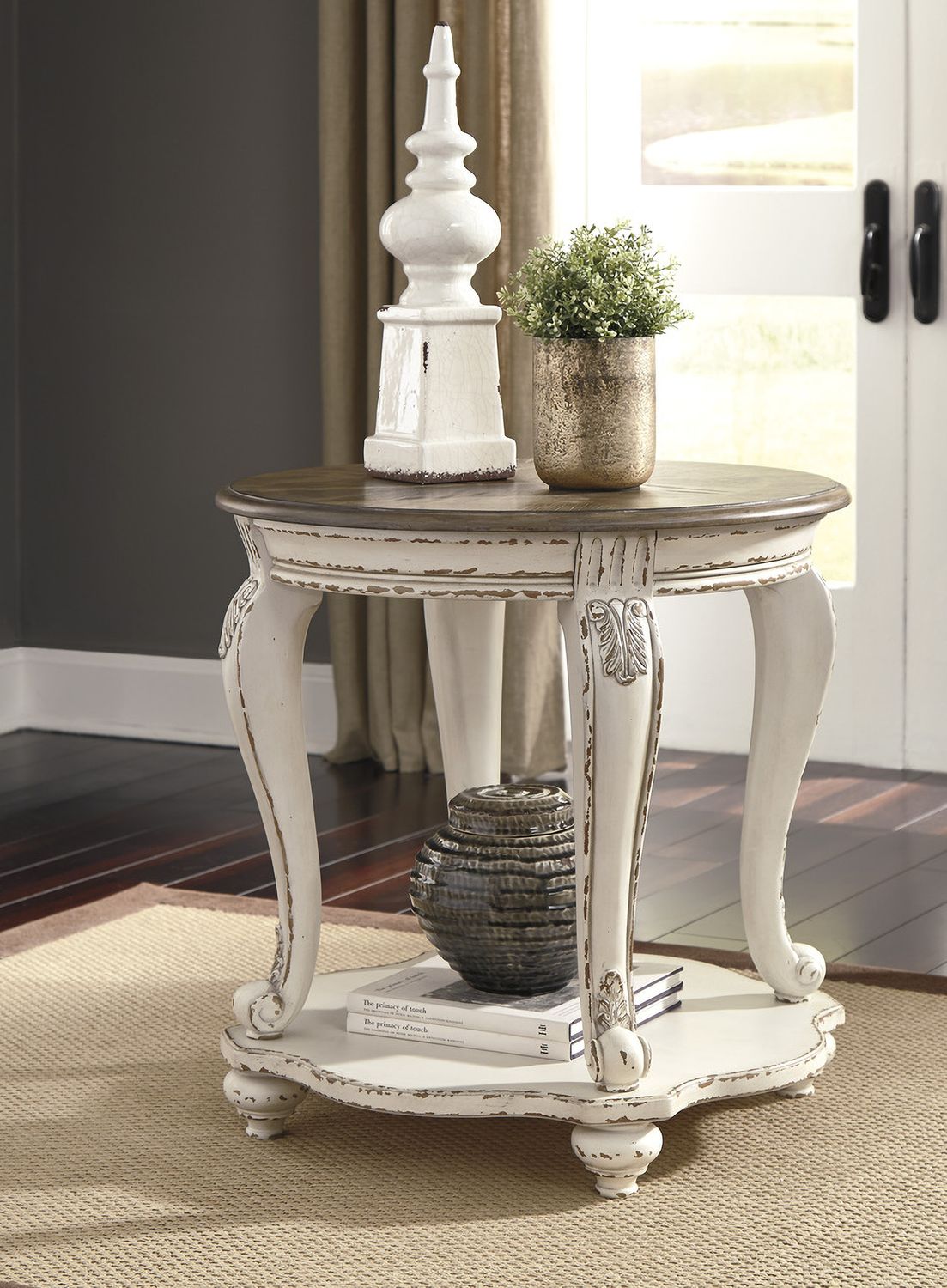 Realyn White and Brown Round End Table T7436