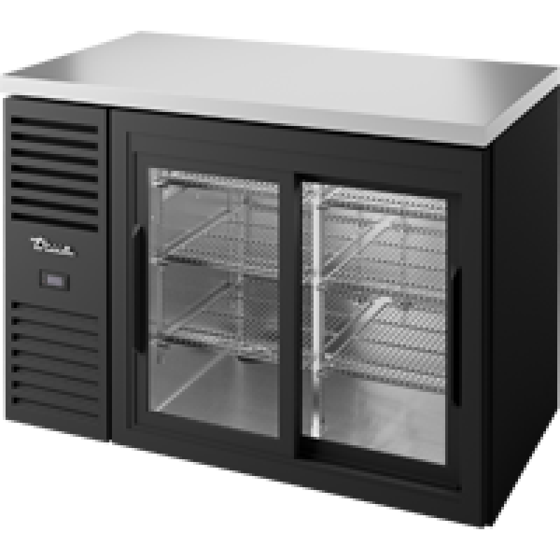 Reach-In Single Zone Refrigerator with Left Side Refrigeration System. Black Exterior and Glass Slide Doors TBR48RISZ1LB111