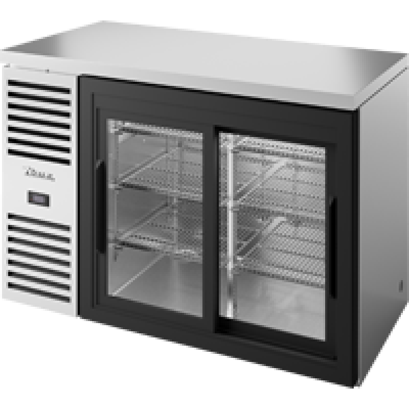 Reach-In Single Zone Refrigerator with Left Side Refrigeration System. Stainless Exterior and Glass Slide Doors TBR48RISZ1LS111