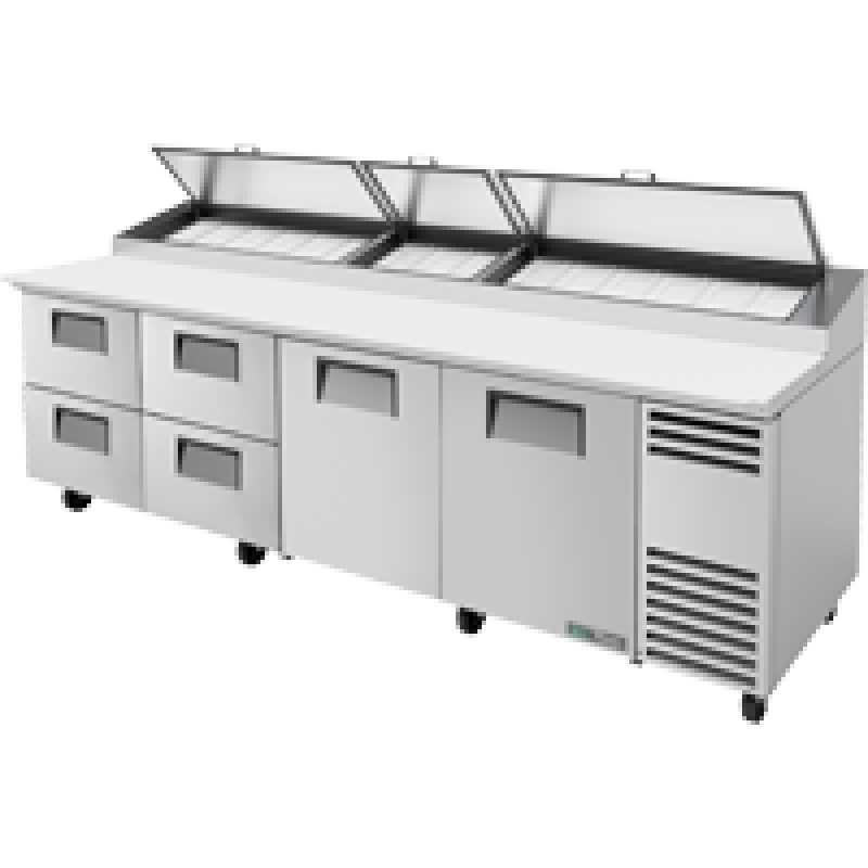 Solid Doors & Drawers Pizza Prep Table with Angled Top and Hydrocarbon Refrigerant TPPAT119D4HC