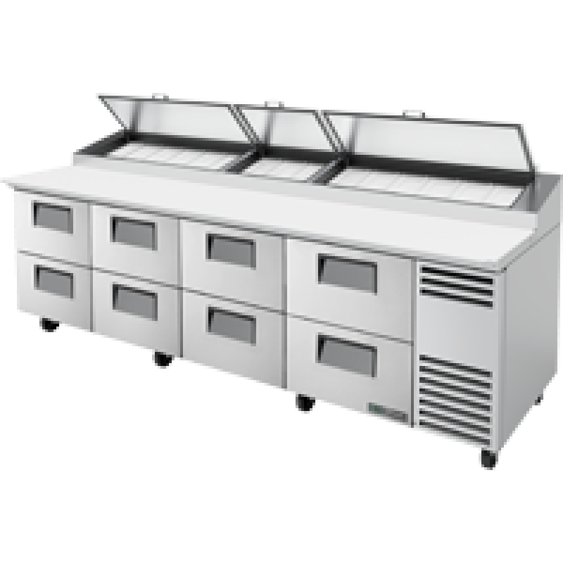 Solid Drawers Pizza Prep Table with Angled Top and Hydrocarbon Refrigerant TPPAT119D8HC