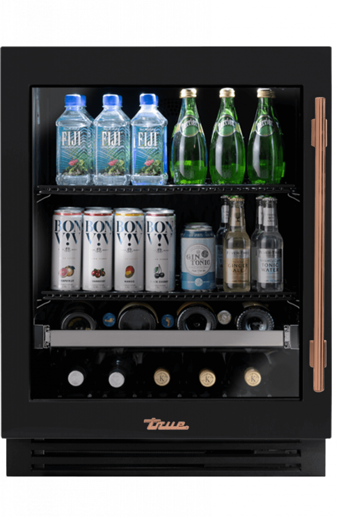 ADA Height Undercounter Beverage Center, Left Hinged, Matte Black, Copper Hardware TUBADA24LGA027H03