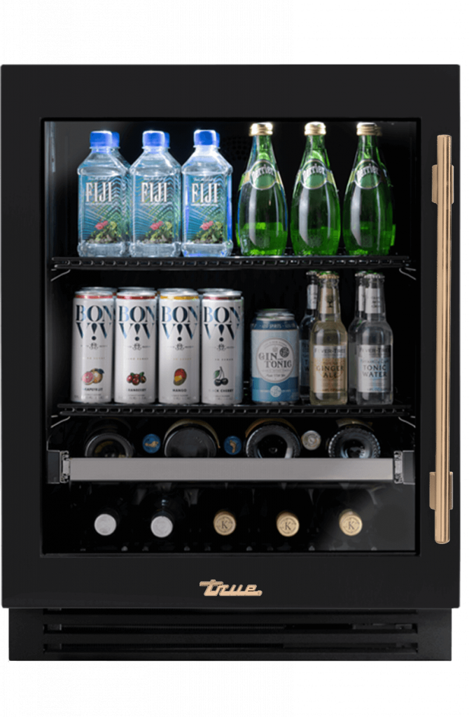 ADA Height Undercounter Beverage Center, Left Hinged, Matte Black, Gold Hardware TUBADA24LGA027H08