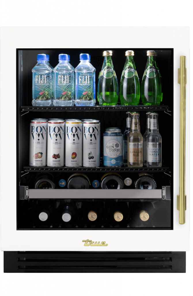 ADA Height Undercounter Beverage Center, Left Hinged, Matte White, Brass Hardware TUBADA24LGA030H01