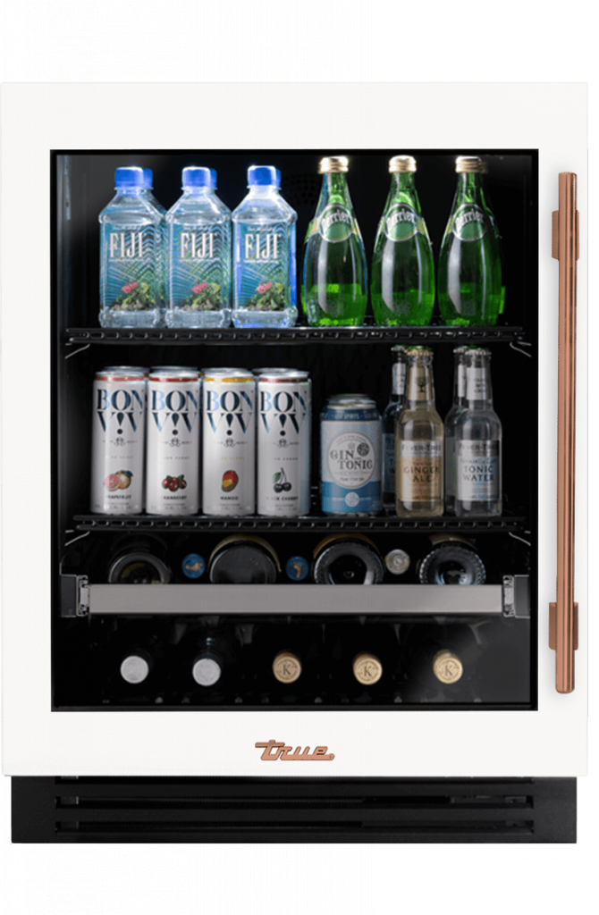 ADA Height Undercounter Beverage Center, Left Hinged, Matte White, Copper Hardware TUBADA24LGA030H03