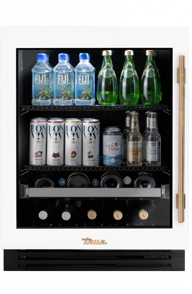 ADA Height Undercounter Beverage Center, Left Hinged, Matte White, Gold Hardware TUBADA24LGA030H08